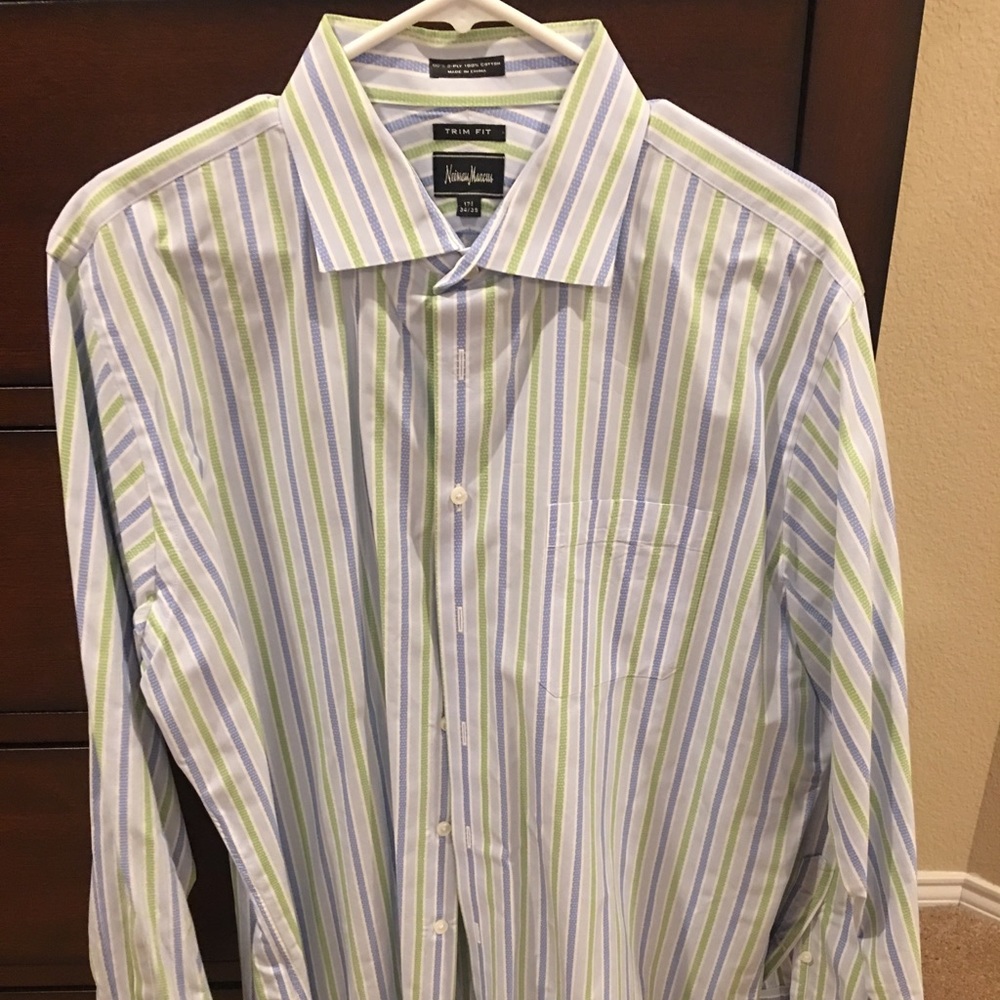Neiman Marcus Blue / green striped button up shirt
